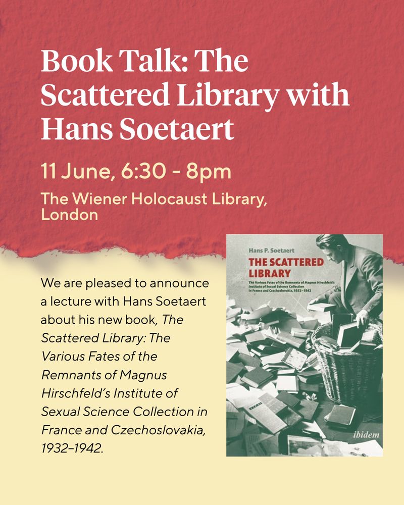A graphic featuring an image of Hans Soetart's book, the Scattered Library, and details of the event at the Wiener Library on 11 June at 6:30pm