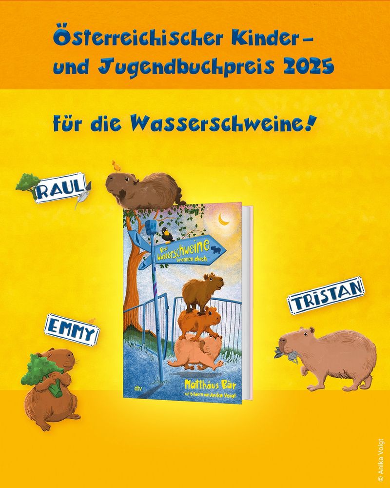 Das Cover von "Drei Wasserschweine brennen durch", daneben Illustrationen der drei Wasserschweine namens Raul, Emmy und Tristan. Überschrift: "Österreichischer Kinder- und Jugendbuchpreis 2025 für die Wasserschweine!"
