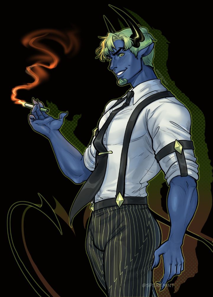 Waist up of Bradley "Lazareth" Blaize from the WEBTOON Brimstone and Roses. He's a blue demon with green hair smoking a cigarette dressed in suspenders, zigzag pinstripe pants, and a tie. 