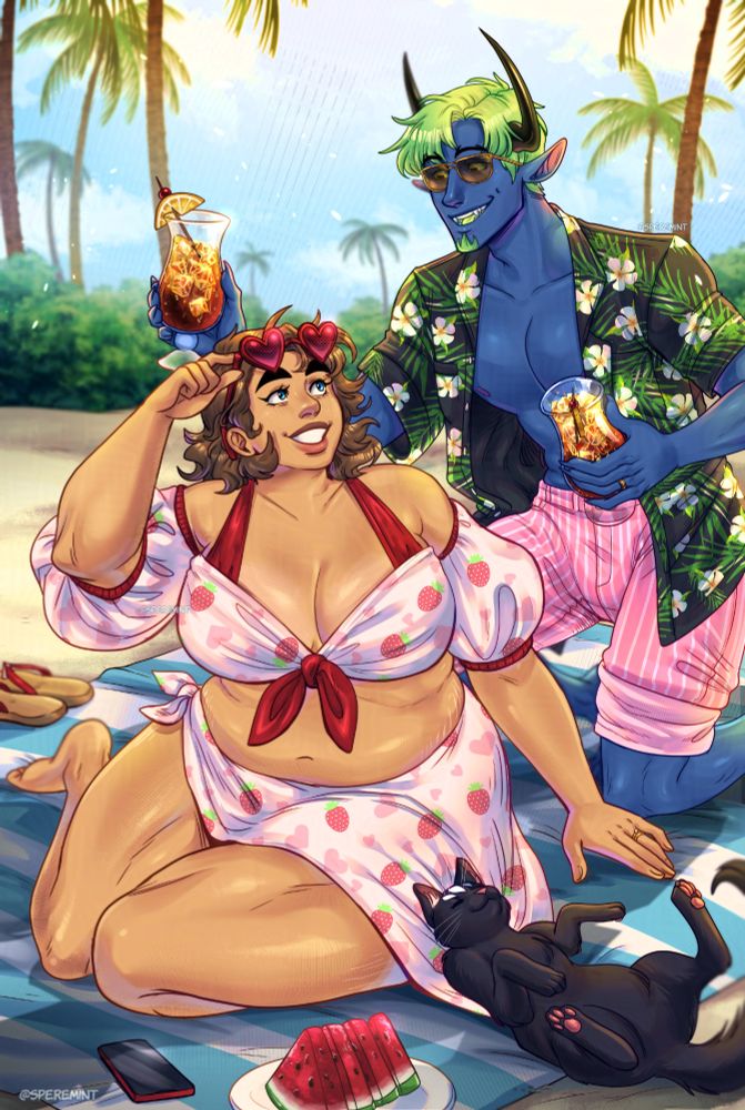 Digital illustration of the characters Bea and Lazareth (and Ginger Rogers the cat) from the WEBTOON Brimstone and Roses. They are sitting on a beach towel together basking in the sun in their bathing suits/summer wear. Lazareth is in his blue demon form, and is holding two long island iced teas as Bea looks up at him with love in her eyes. They both are sporting their wedding rings. In theory this is taking place on their honeymoon.