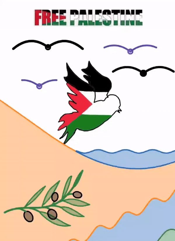 Bird with the Palestinian flag. Other birds in the background flying above a river and a sea