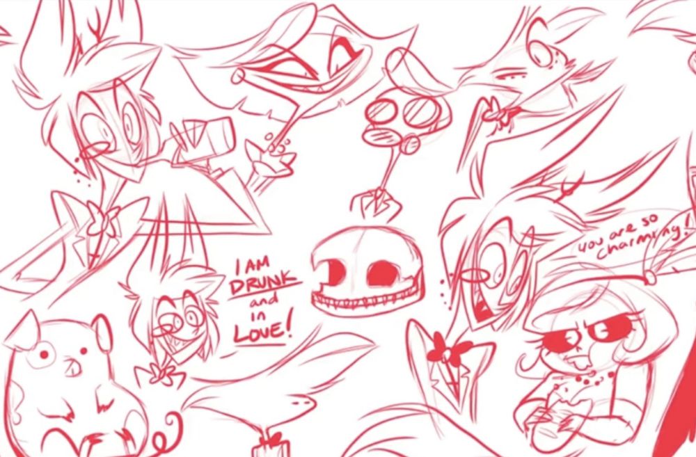 Vivzie's sketches of Hazbin hotel characters, cropped to focus on alastor. From the left, it's a sketch of alastor drinking, then below its him saying "I am DRUNK and in LOVE!". to the right it's mimzy eating bread and alastor saying "you are so charming!"
