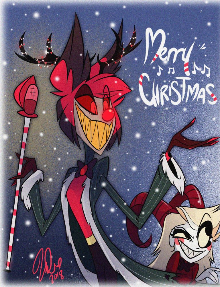 Christmas art by vivzie from 2018, rudolph alastor and Charlie with horns