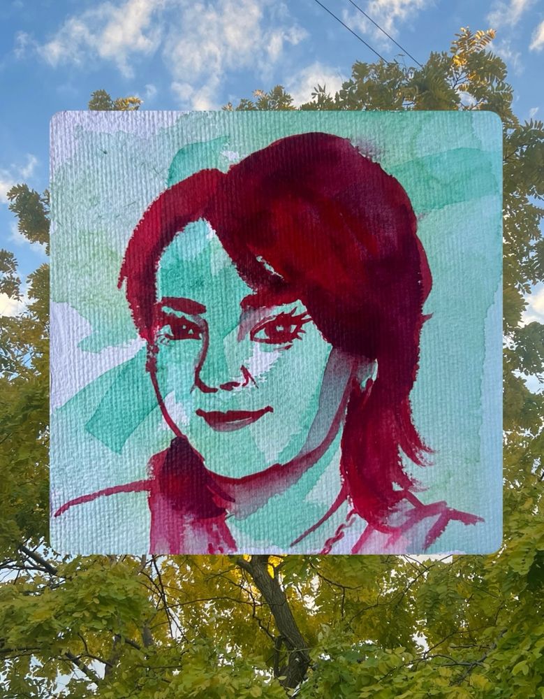 A watercolour self portrait of the artist. There is a wash of green underneath the stark red portrait and the image is pasted onto a photograph of the sun shining golden through some leaves.