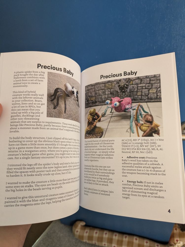 Two interior pages of The Budget Bestiary, showing a horrid spider-lamb hybrid monster called Precious Baby.