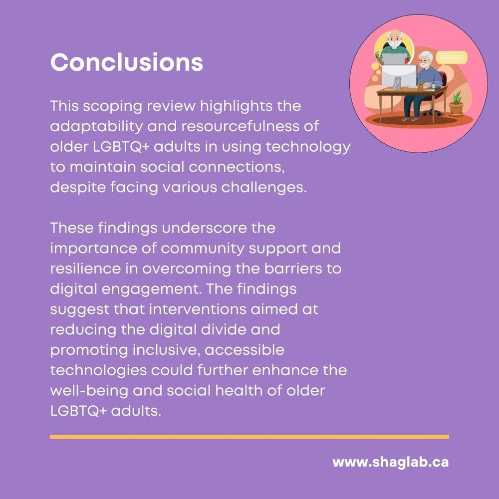 Conclusions
This scoping review highlights the adaptability and resourcefulness of older LGBTQ+ adults in using technology to maintain social connections, despite facing various challenges.
These findings underscore the importance of community support and resilience in overcoming the barriers to digital engagement. The findings suggest that interventions aimed at reducing the digital divide and promoting inclusive, accessible technologies could further enhance the well-being and social health of older
LGBTQ+ adults.