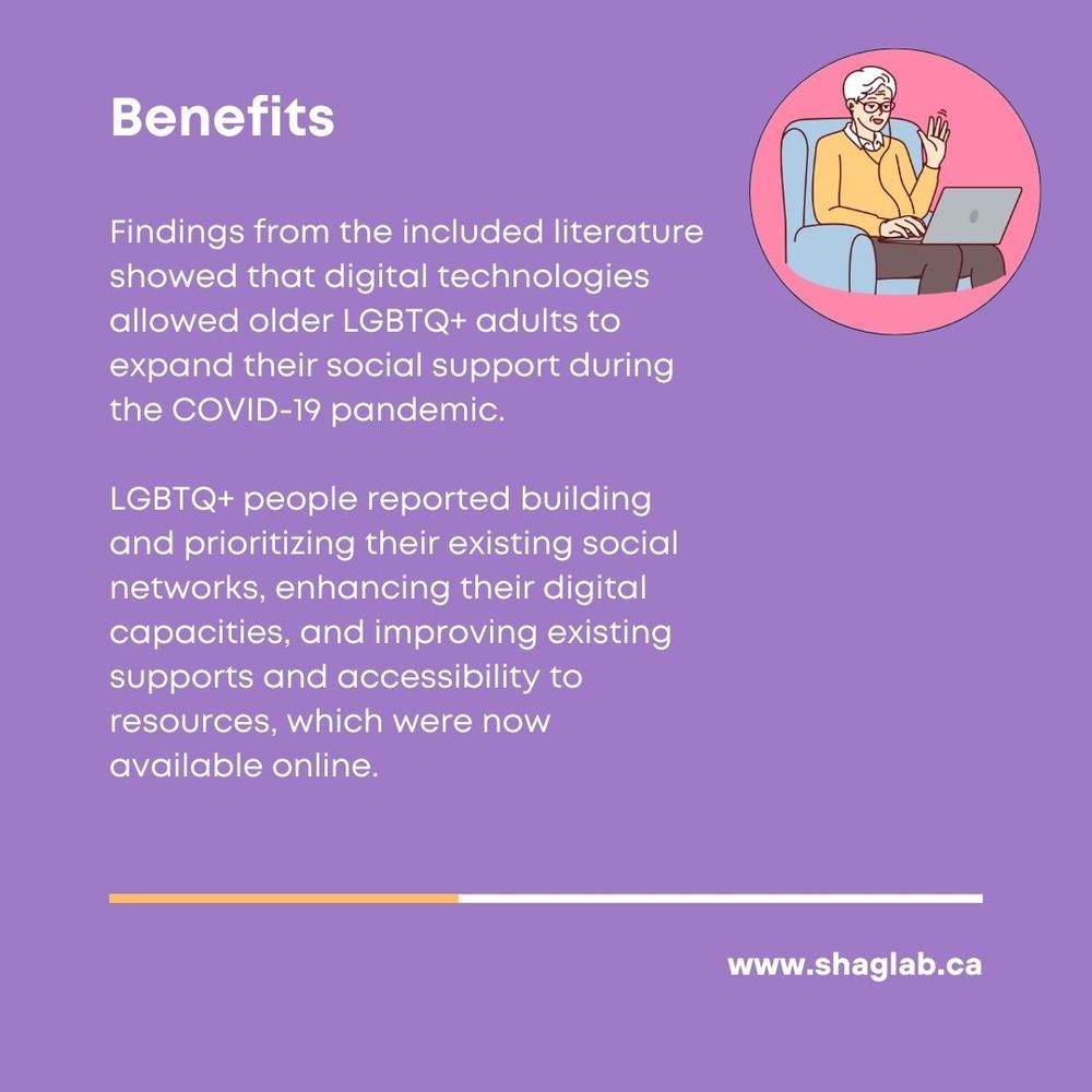 Benefits
Findings from the included literature showed that digital technologies allowed older LGBTQ+ adults to expand their social support during the COVID-19 pandemic.
LGBTQ+ people reported building and prioritizing their existing social networks, enhancing their digital capacities, and improving existing supports and accessibility to resources, which were now available online.