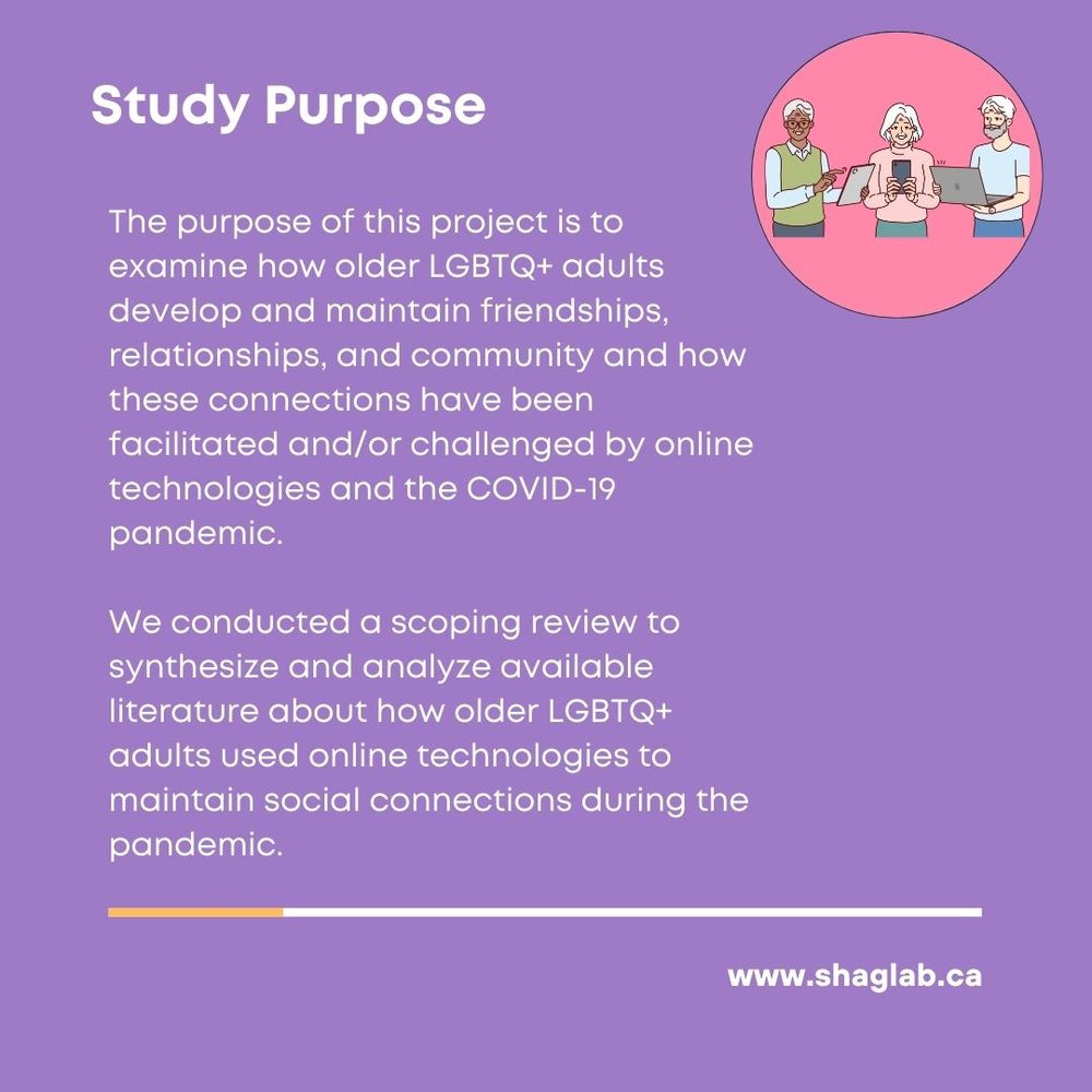 Study Purpose
The purpose of this project is to examine how older LGBTQ+ adults develop and maintain friendships, relationships, and community and how these connections have been facilitated and/or challenged by online technologies and the COVID-19 pandemic.
We conducted a scoping review to synthesize and analyze available literature about how older LGBTQ+ adults used online technologies to maintain social connections during the pandemic.