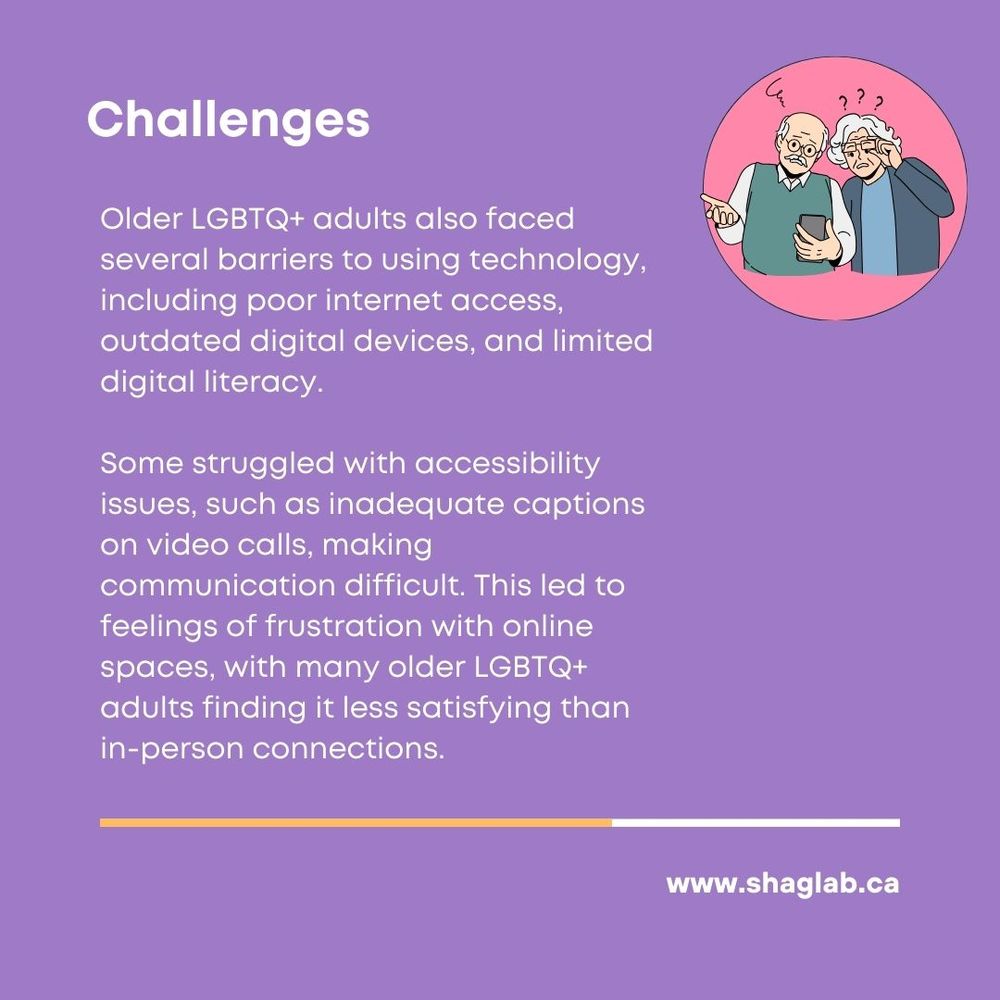 Challenges
Older LGBTQ+ adults also faced several barriers to using technology, including poor internet access, outdated digital devices, and limited digital literacy.
Some struggled with accessibility issues, such as inadequate captions on video calls, making communication difficult. This led to feelings of frustration with online spaces, with many older LGBTQ+ adults finding it less satisfying than in-person connections.