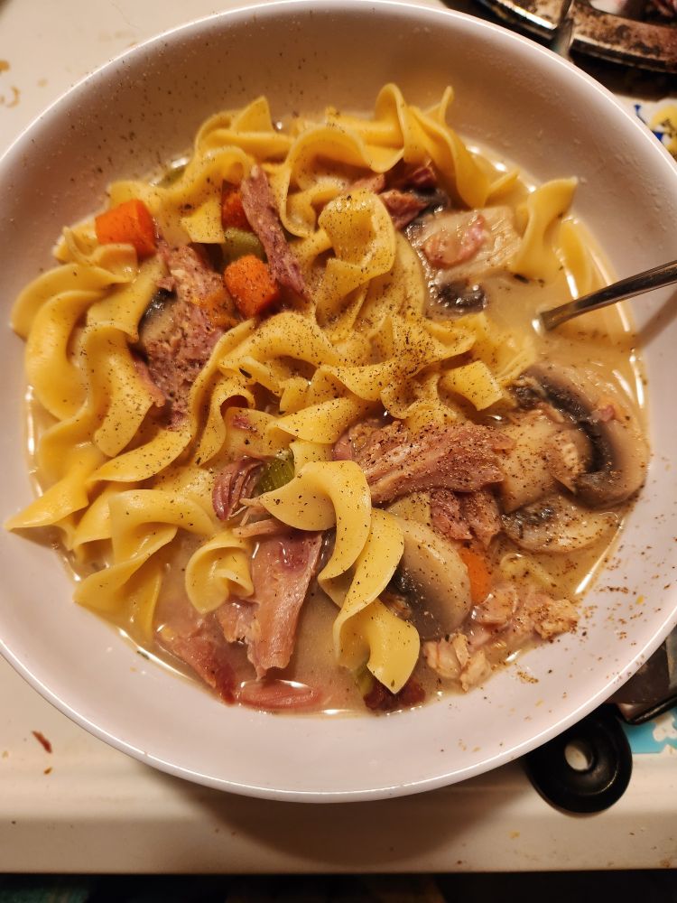 A white bowl with turkey noodle soup. The bits of turkey are slightly reddish because it was a smoked turkey.  The broth is golden, the noodles are pale yellow, and you can see a few carrot and mushroom and celery chunks.
And it is perfect for a cold rainy night.