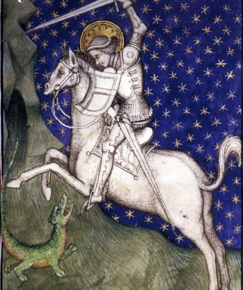 Medieval style painting of a knight on a horse fighting a dog size green dragon, against a blue background with stars