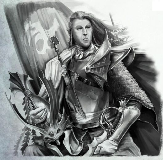 Sea Lord Aislinn, High Elf naval commander, art by Sam Manley for Warhammer Fantasy Roleplay