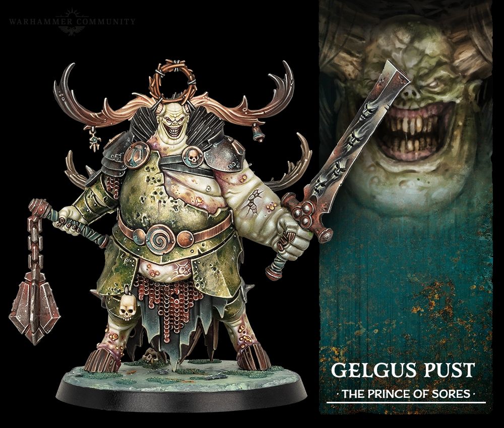 Gelgus Pust, The Prince of Sores model for Warhammer Quest. A large daemon prince of Nurgle armed with a flail and a broadsword featuring faces up the blade. He is in similar armour as the previous models. His upper left torso is exposed and his left arm in considerably bigger than the right. He has a big, malicious smile on his face and two massive, moose-like antlers