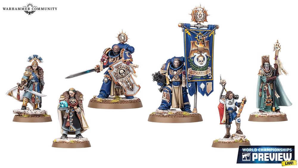 The  Wardens of Ultramar models, a retinue for Captain Titus for Warhammer 40000. It features two Space Marines, Gadriel with a banner and bolt gun and Sgt Metaurus with a shield and power sword. There is also 4 human characters, a ship  commander, infantry leader, diplomat and astromancer