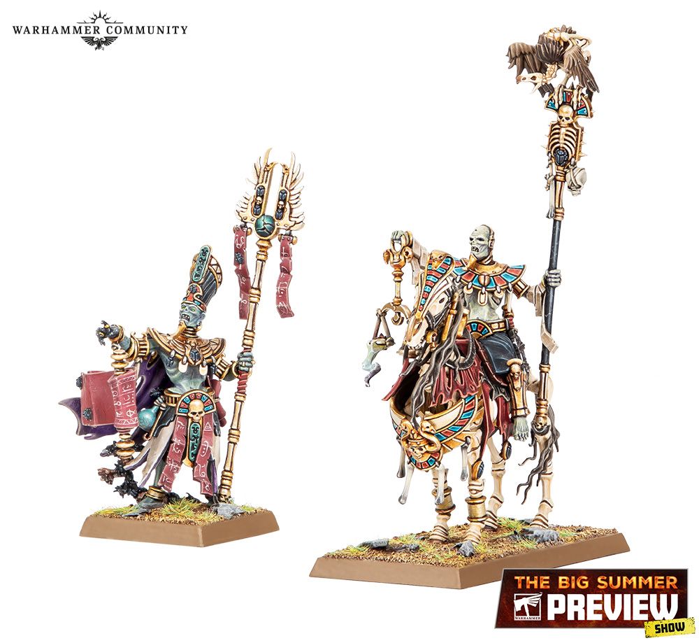 Two Tomb King Liche Priests, one on foot with a staff and scroll, the other is on a skeletal steed and wielding a staff and a set of scales