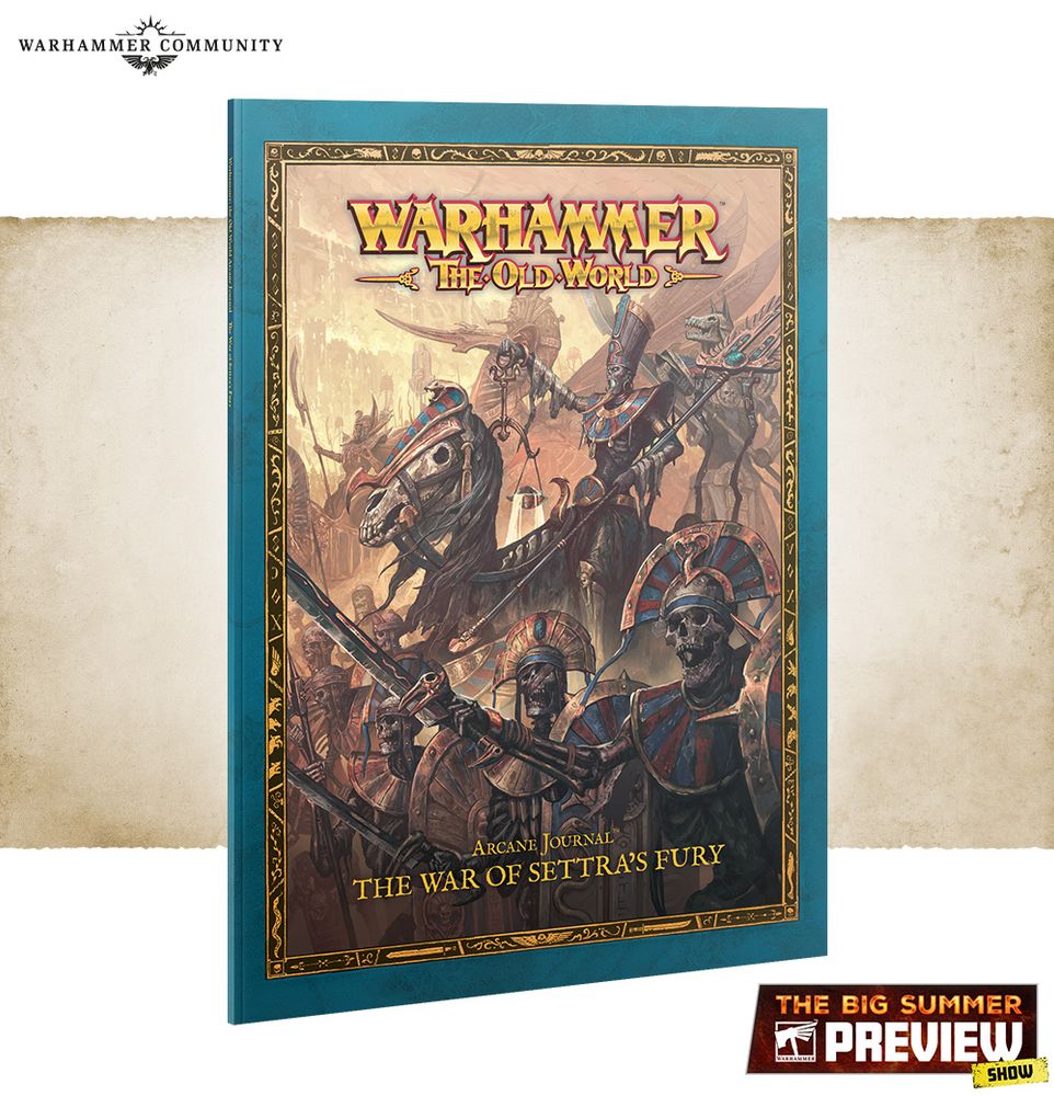 The War of Settra Arcane Journal for Old World. The Cover features a mounted Liche Priest surrounded by his Tomb King army