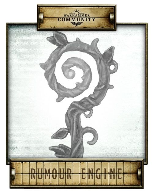 Rumour engine image from Warhammer Community website.  It's a staff topped with a spiral. The staff looks like it's grown naturally from a tree branch and has leaves in places