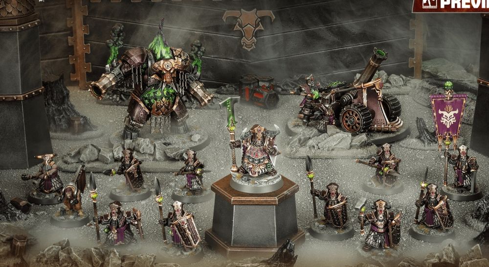 Helsmith of Hashut combat patrol featuring a character, infantry, a bull robot and cannon