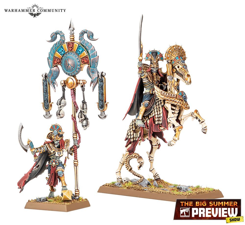 Two Tomb King characters, one on foot with a banner and khopesh and one a skeletal horse rearing up, wielding a khopesh