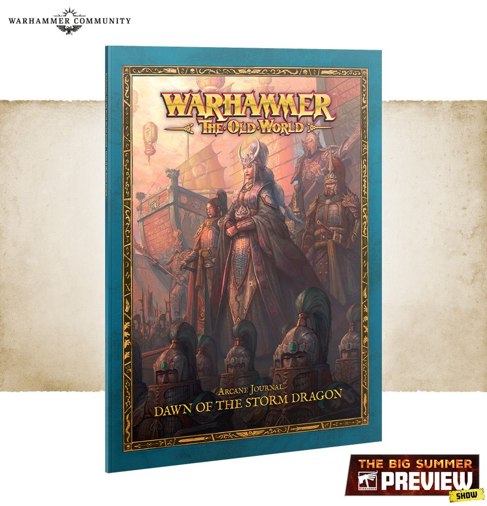 The cover of the Dawn of the Storm Dragon Arcane Journal for Warhammer The Old World. The cover features Miao Ying along side Cathayan leaders. 