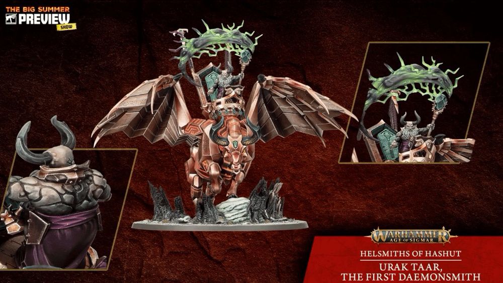 Helsmith of Hashut Urk Taar on a living giant winged bull statue/machine