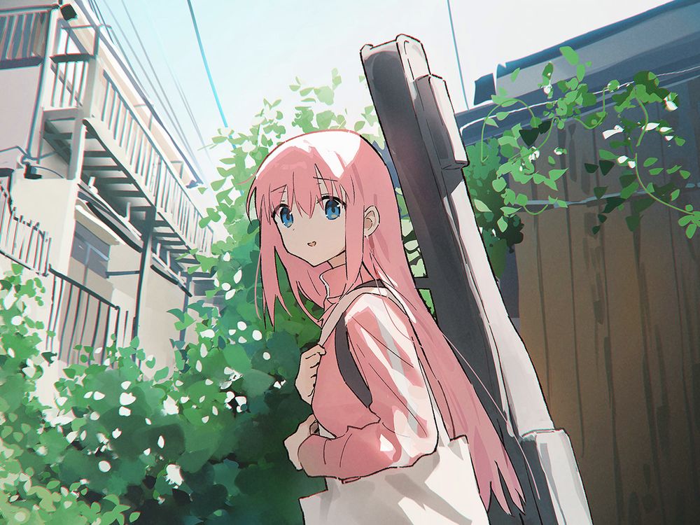 Bocchi out walking with her guitar bag, looking nervously at the viewer, plants and buildings in the background