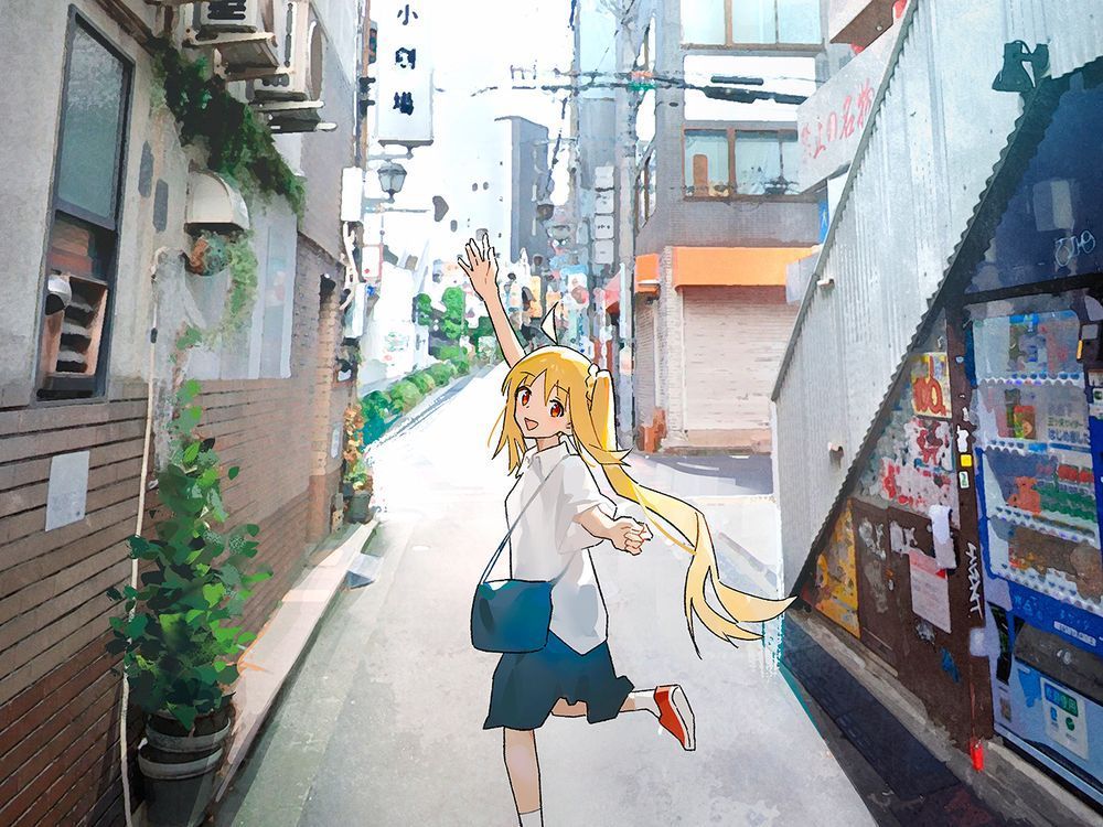Nijika from Bocchi the Rock running in a residential street and looking back, with a happy expression.