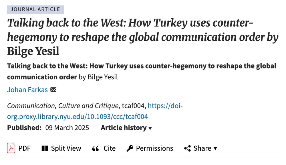 Johan Farkas' review of "Talking back to the West: How Turkey uses counter-hegemony to reshape the global communication order" (University of Illinois Press, 2024) by Bilge Yesil, published in Communication, Culture and Critique