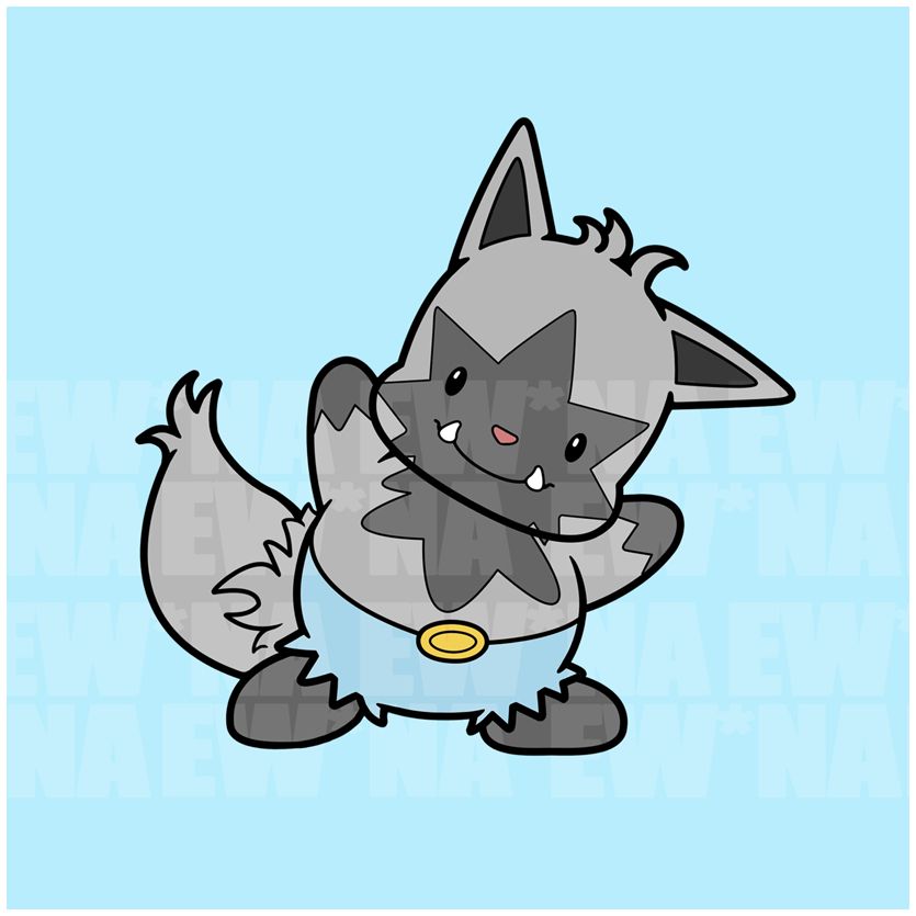A Poochyena wearing a light blue pant bottoms, done in the style of Sanrio's Pochacco. It's Poochyacco!