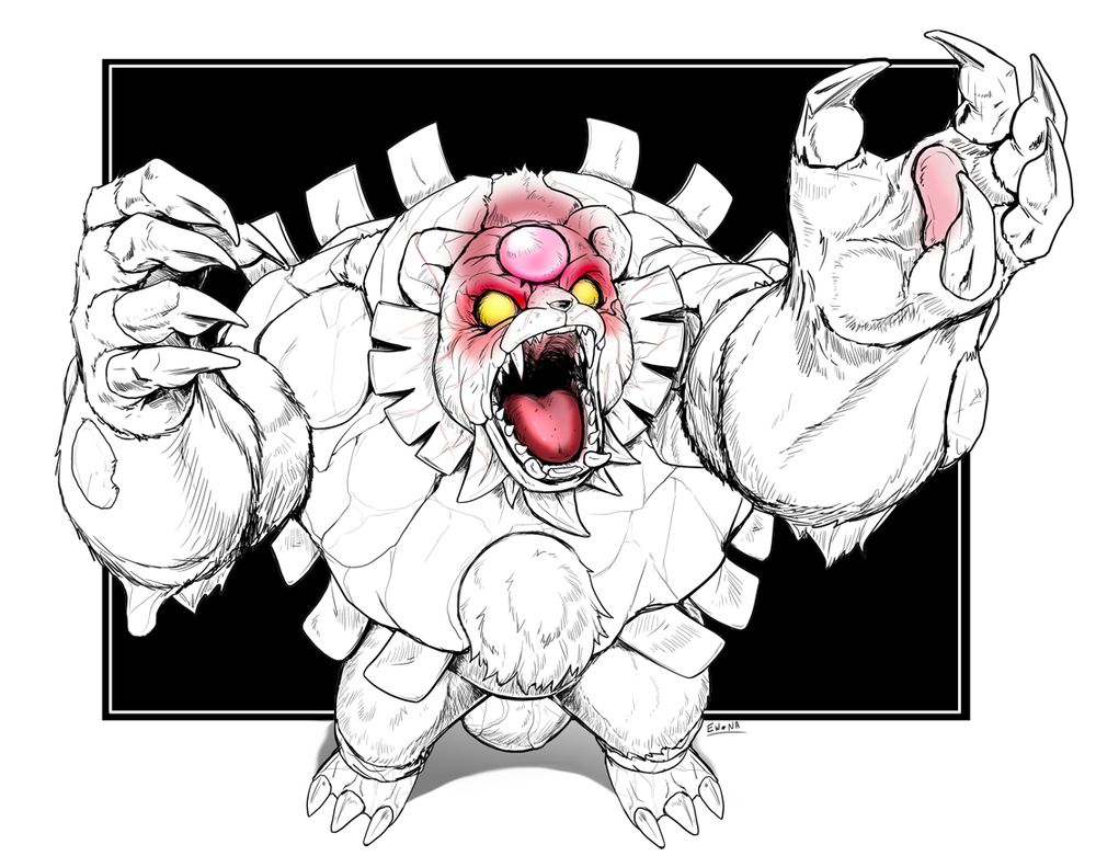 Bloodmoon Ursaluna, with glowing reddish eyes, howls up towards the black night sky