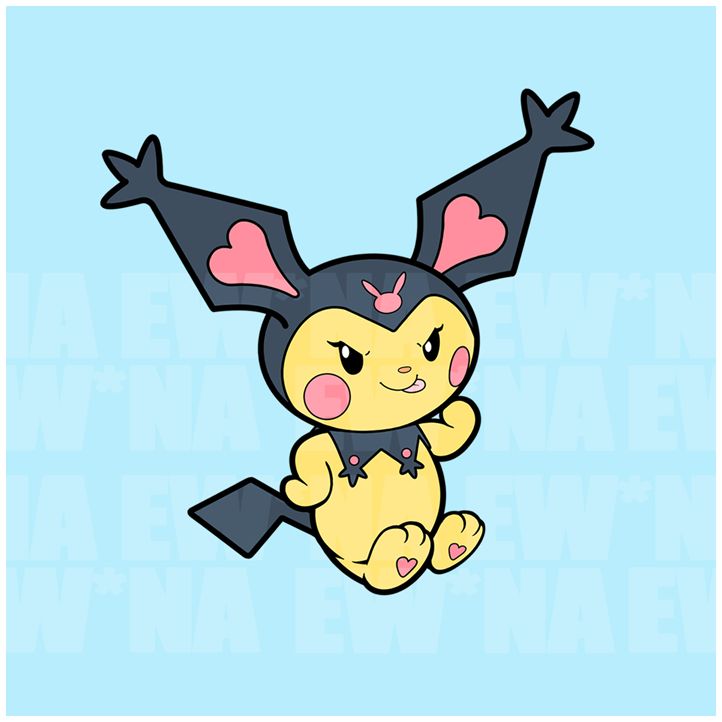 Kurochu, a mischevious Pichu donning a black gesture like hate on their head with unsidedown heart adornments. Mimicking Sanrio's Kuromi