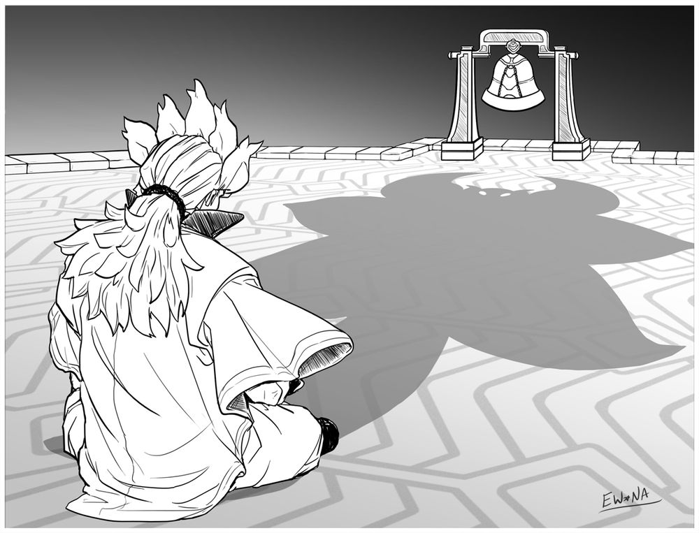 Black and white image of Alder from Pokemon, sitting atop the Celestial Tower, facing the large bell. He sits quietly, contemplating his long passed first partner, represented via his shadow in the shape of a Volcarona