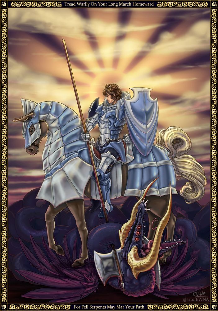 Frederick, donning his light blue armor, upon his brown mare, posed regally with his shield and a long shafted axe. The weapon pins down a more serpentine version of Grima, who writhes and yells in defeat, all positioned behind a glorious golden sun and purple/pink sky. A gold trim border surrounds the piece, with the phrase - "Tread warily on your long march homeward, for fell serpents may mar your path."