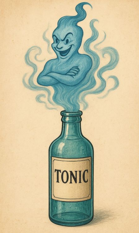 KI-Zeichnung: Ein Dschinn entsteigt einer Flasche, auf der Tonic steht.