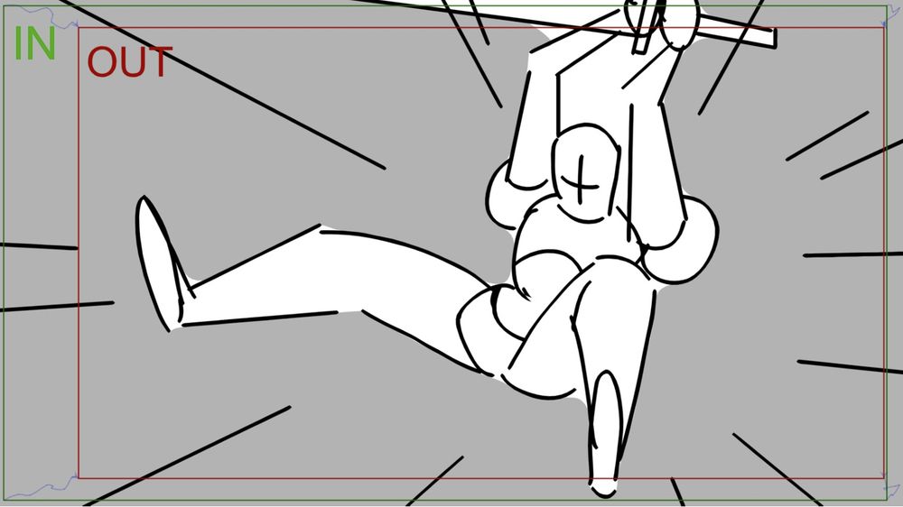 Rough board of an action scene of a character with a sword