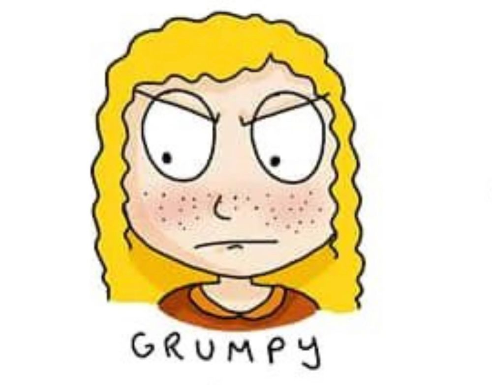 image of a drawn character looking upset. it says “grumpy” underneath her 