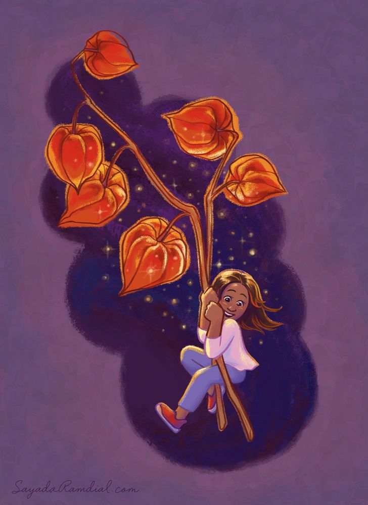 Digital illustration of a girl holding on to huge Chinese Lantern (plant) stems with glowy orangey red fruits and flying. My website address at the bottom: SayadaRamdial.com