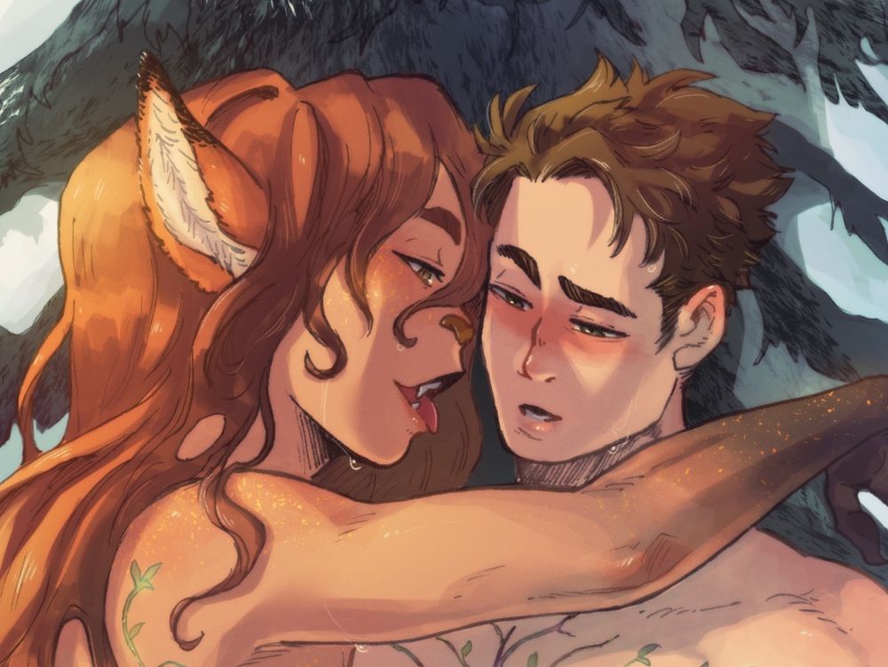A closeup of two characters from Avalbane Maxwell's Where the Heartwood Sleeps. To the left is a fox spirit that looks almost human with long red hair. His arm is draped over the second character's shoulder, and he's sticking his tongue out in a very sexy way. The second character, Logan, is looking down with lidded eyes and a full-on blush. Wonder what they could possibly be doing off-screen 👀💦