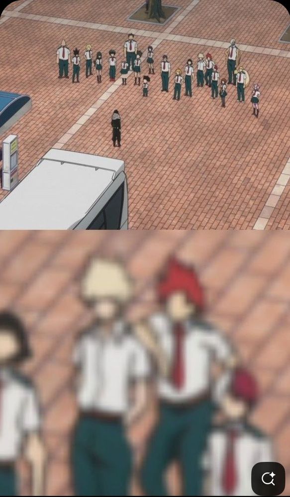 Top picture: Wide shot of all class 1-A and Aizawa on a brick courtyard. Bottom picture: Zoomed in fuzzy shot of Kirishima leaning against Bakugou with one arm on his shoulder.