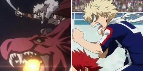 A set of pictures. The left shows fantasy AU Bakugou riding dragon Kirishima, sword held high and yelling in rage.

The right picture shows canon AU Bakugou riding Kirishima during the sports festival, shouting rn rage.

They are the same picture. I see no difference.