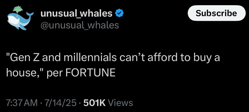 @unusual whales
Subscribe
"Gen Z and millennials can't afford to buy a house," per FORTUNE