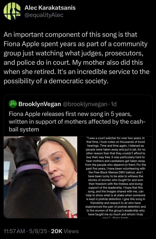 @equalityAlec
An important component of this song is that Fiona Apple spent years as part of a community group just watching what judges, prosecutors, and police do in court. My mother also did this when she retired. It's an incredible service to the possibility of a democratic society.
BrooklynVegan @brooklynvegan 1d
Fiona Apple releases first new song in 5 years, written in support of mothers affected by the cash-bail system