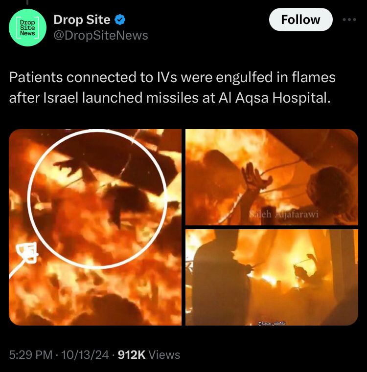 Drop site showing stills from a video - Patients connected to IVs were engulfed in flames after Israel launched missiles at Al Aqsa Hospital.