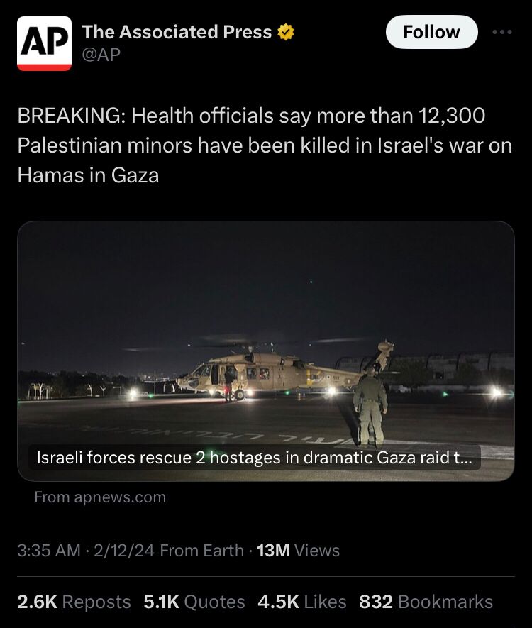 AP tweet BREAKING: Health officials say more than 12,300 Palestinian minors have been killed in Israel's war on Hamas in Gaza