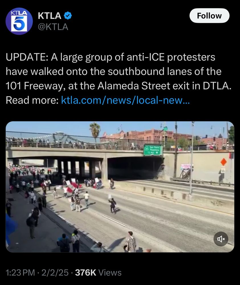 Post with video of the described: @KTLA
Follow
UPDATE: A large group of anti-ICE protesters have walked onto the southbound lanes of the
101 Freeway, at the Alameda Street exit in DTLA.
Read more: ktla.com/news/local-new...