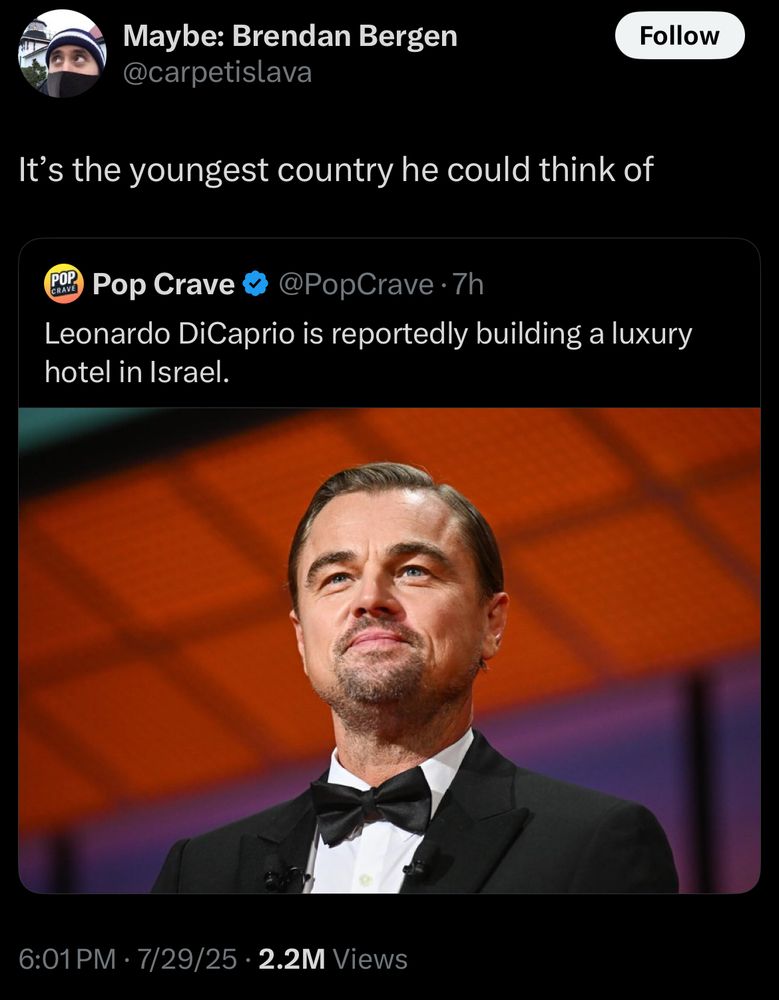 @carpetislava
Follow
It's the youngest country he could think of
POP CRAVES
Pop Crave
@PopCrave •7h
Leonardo DiCaprio is reportedly building a luxury hotel in Israel.