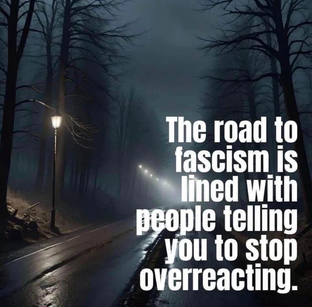Meme of a road that says The road to fascism is lined with people telling you to stop overreacting.
