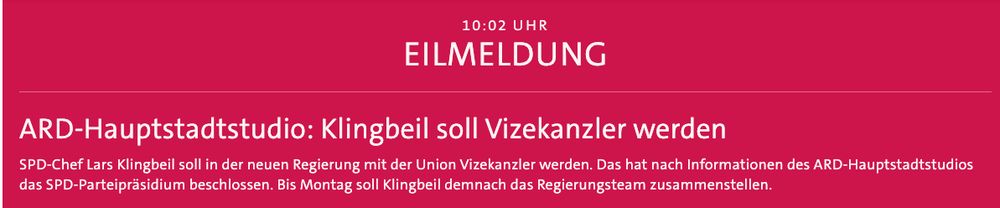 eilmeldung
Top-Thema
ARD-Hauptstadtstudio: Klingbeil soll Vizekanzler werden