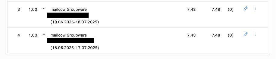 Screenshot von den Positionen einer Rechnung. Der Originaldatensatz hat einen Leistungszeitraum vom 19.06-18.07.2025; das Duplikat allerdings vom 18.06.-17.07.2025.