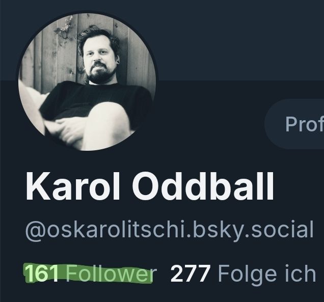 Profil von Karol Oddball mit Benutzernamen '@oskarolitschi.bsky.social'. 161 Follower (mit einem Textmarker markiert), 277 Folgungen.